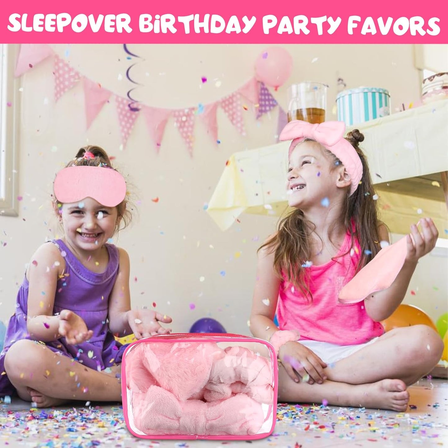 30 Pcs Spa Sleepover Party Supplies 6 Bow Makeup Headband 6 Pink Plush Sleep Eye Mask 6 Velvet Scrunchies 6 Makeup Remover Cloth 6 Clear Cosmetic Bags for Women Slumber Party Favors