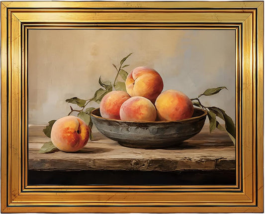 AIKETUO Kitchen Wall Art for Bathroom, Gold Framed Vintage Fruit Peach Art Picture Paintings, Canvas Artwork for Living Dining Room Farmhouse Cottage, Adult, Worker, Colleger, Staff, Small L10 x W8