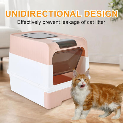 Cat Litter Box with Litter Mat, 18"x14"x13" Large Litter Box for Big Cats, Enclosed Removable Litter Boxs, Front Entry Top Exit Kitty Box, Odor Control, Easy to Clean (Pink)