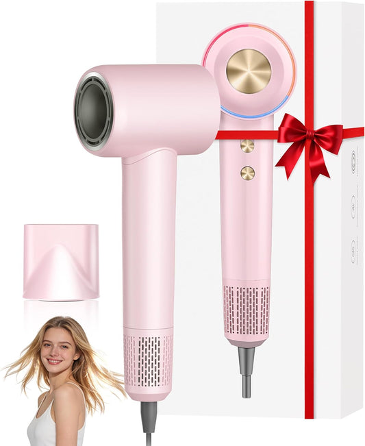 Ionic Hair Dryer, 150,000 RPM High-Speed Professional Blow Dryer for Fast Drying, 500M Negative Ions & Thermo-Control, Magnetic Nozzle, Low Noise & Lightweight for Home and Travel, Pink