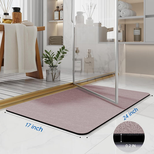 Bath Mat Rugs 24x17 - Diatomaceous Earth Bath Mats Quick Dry Absorbing Bathroom Rugs Rubber Non Slip Thin Bathroom Mat Fit Under Door, Blush Pink