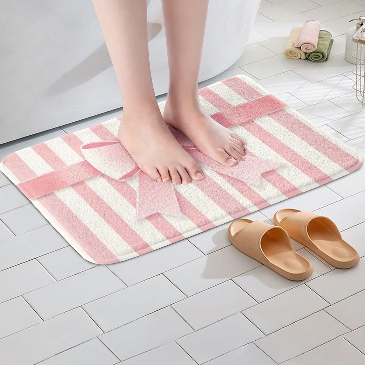 Erosebridal Pink Bowknot Doormat Kawaii Ribbon Bow Bath Mat Cute Bow Tie Bathroom Rugs 16" x 24" Geometric Line Stripe