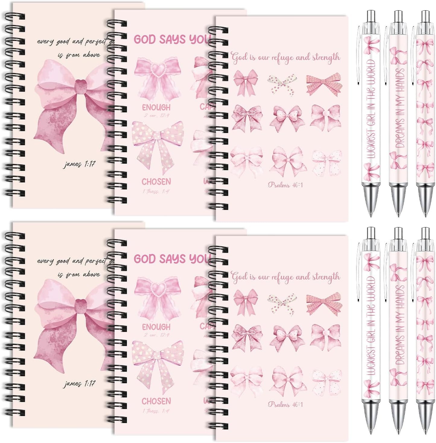 Wxiben Pink Bow Spiral Notebooks Set 12 Pieces Coquete Bow Journal with Inspirational Bible Ballpoint Pens Christian Scripture Prayer Hardcover Notebook Gifts for Women Office School Church Supplies