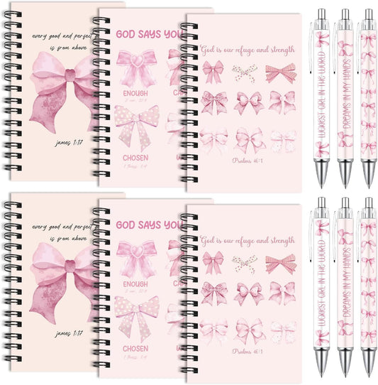 Wxiben Pink Bow Spiral Notebooks Set 12 Pieces Coquete Bow Journal with Inspirational Bible Ballpoint Pens Christian Scripture Prayer Hardcover Notebook Gifts for Women Office School Church Supplies