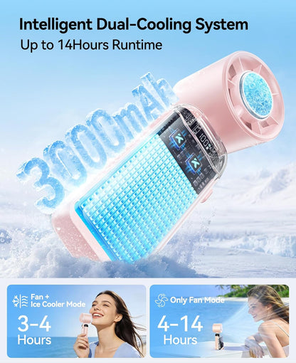 KIMMOO Handheld Portable Turbo Fan with Ice Cooler, Powerful 21000 RPM, Speed (1-199), Up to 14Hrs Cooling, Rechargeable Personal Fan, Small Pocket Hand Fans for Travel/Outdoor/Home/Office (Pink)