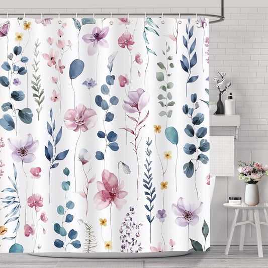 Bonhause Watercolor Floral Shower Curtain, Pink Blue Flower Leaves Modern Minimalist Bathroom Decor 72 x 72 Inch Polyester Fabric Waterproof Bath Curtain with 12 Hooks