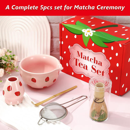 FYSUIMU 5 Pcs Strawberry Ceramic Matcha Bowl Set Pink Ceramic Bowl with Spout and Bamboo Whisk Scoop Sifter Stand Kit for Tea Lovers Tea Ceremony Supplies