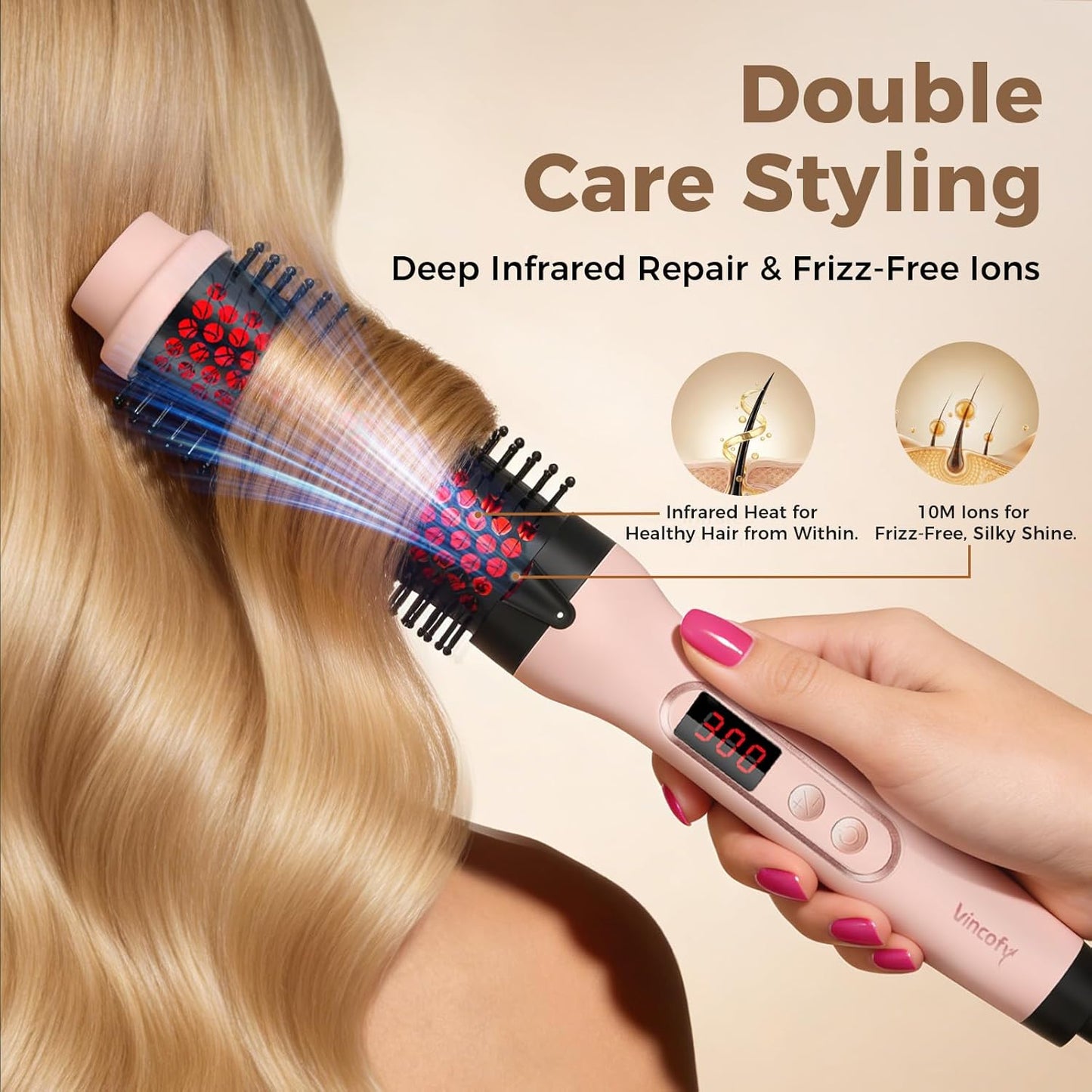 Infrared Thermal Brush, Dual Voltage Negative Ions Heated Round Brush, 1 1/2 Inch Straightener & Curling Iron Brush 2 in 1, Dual PTC Non-Blowing Thermal Round for Wome, Pink