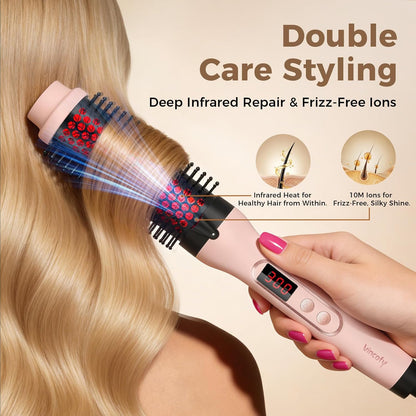 Infrared Thermal Brush, Dual Voltage Negative Ions Heated Round Brush, 1 1/2 Inch Straightener & Curling Iron Brush 2 in 1, Dual PTC Non-Blowing Thermal Round for Wome, Pink