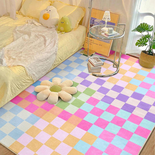 Multicolored Checkerboard Bedroom Rug Washable Ultra Thin Retro Funky Aesthetic Cute 4x6 Area Rugs for Living Room Nursery Kitchen Entryway Dorm, Pastel Colorful Checkered Geometric Carpet