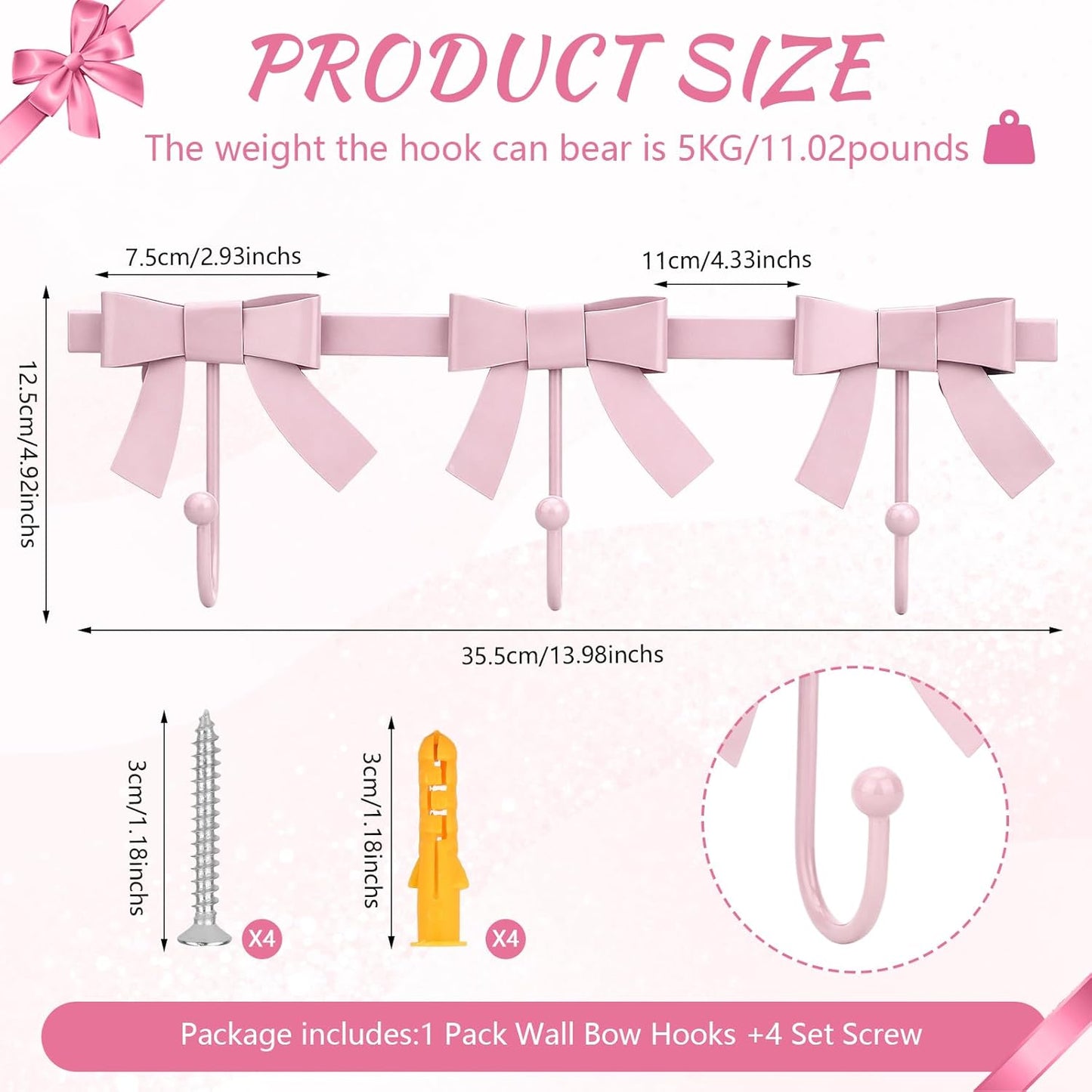 Pink Bow Hooks Gold Bow Wall Hook, 3 Bow Knot Coat Hooks Metal Bowknot Towel Hooks Door Hanger Holder for Wedding Bathroom Bags Coats Hats Coffee Mugs Room Kitchen Decor (Pink-BB)