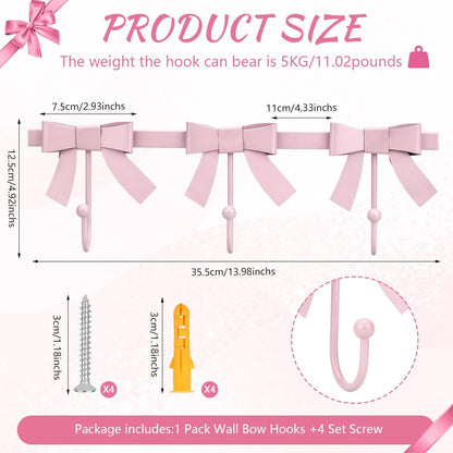 Pink Bow Hooks Gold Bow Wall Hook, 3 Bow Knot Coat Hooks Metal Bowknot Towel Hooks Door Hanger Holder for Wedding Bathroom Bags Coats Hats Coffee Mugs Room Kitchen Decor (Pink-BB)