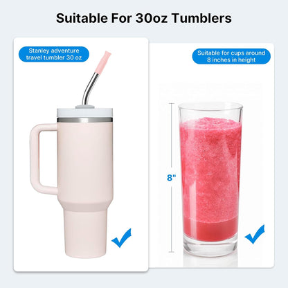 Repeatable Metal Straw with Silicone Tips for 30 oz Stanley Tumbler, 2 Pcs 30 oz Stainless Steel Straws Replacement for Stanley Tumbler, 1 Straw Brush, BPA Free（Light Pink）