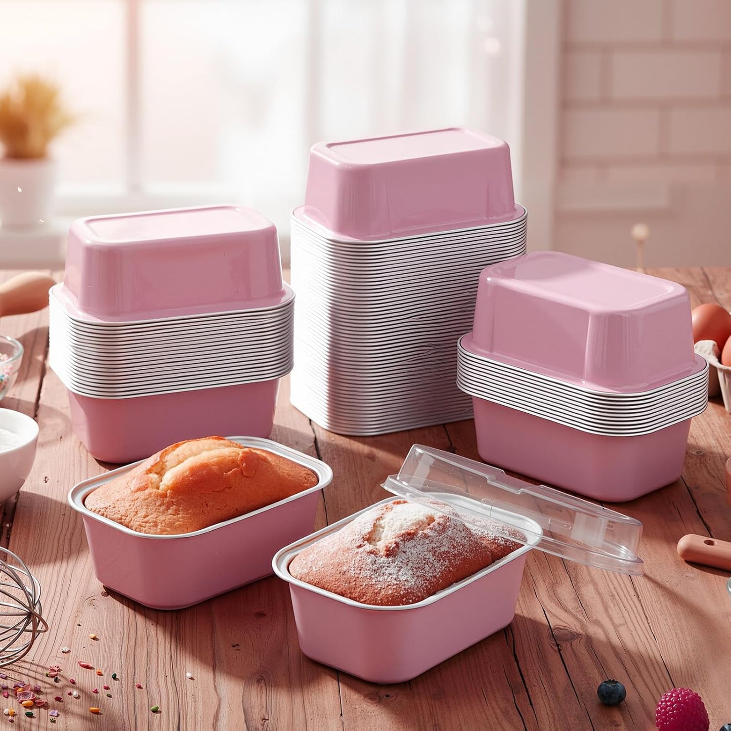 Vesici 100 Sets Mini Loaf Pans with Lids, 5.7 oz Disposable Aluminum Foil Baking Cups, Rectangle Cake Pans for Pudding Desserts Muffin Baking Storage Birthday Party(Pink)