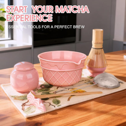 Sakura Pink Matcha Whisk Set-8pcs,Japanese Tea Set Includes Matcha Bowl with Ice Cream Design, Tea Mat and Matcha Canister, 16OZ Matcha Kit for Ceremony