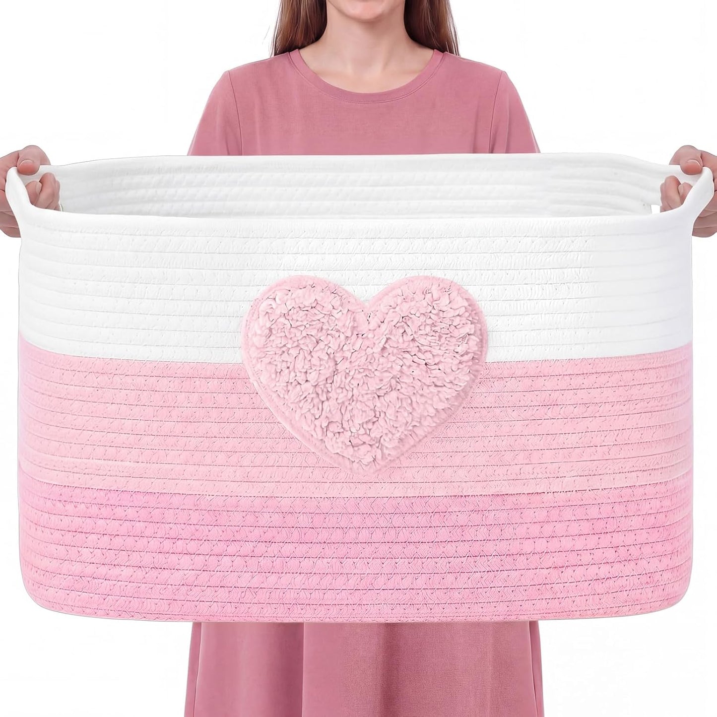 Pink Extra Large Blanket Basket 65L Love Rectangle Woven Storage Basket with Handle for Storing Dirty Clothes Stuffed Animal Toy Storage for Living Room Bathroom 22" x 15" x 12"