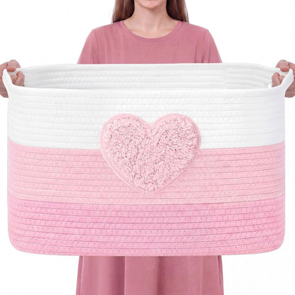 Pink Extra Large Blanket Basket 65L Love Rectangle Woven Storage Basket with Handle for Storing Dirty Clothes Stuffed Animal Toy Storage for Living Room Bathroom 22" x 15" x 12"