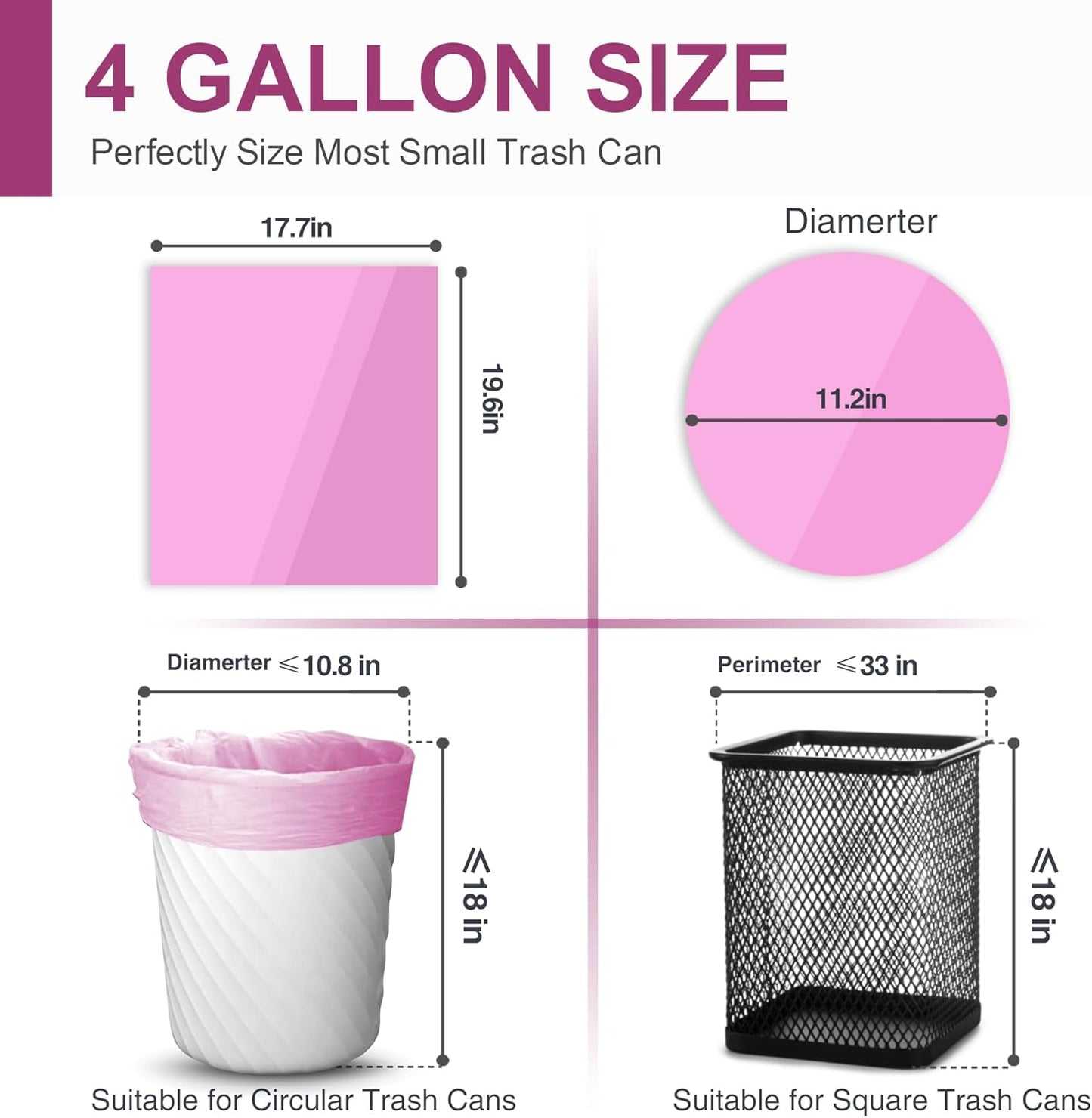 Charmount Small Trash Bags Bathroom, 4 Gallon Garbage Bags for Kitchen Bedroom, Unscented, 80 Count, Hot Pink