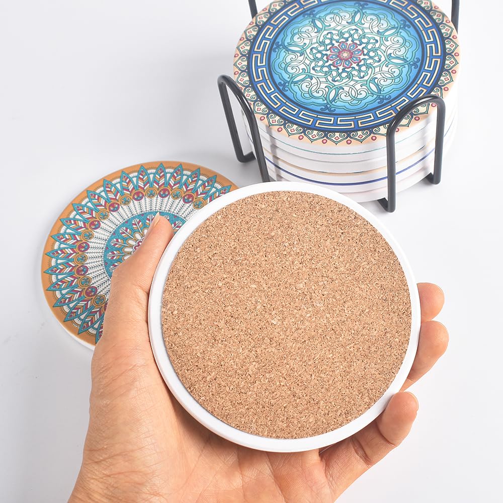 Newk Ceramic Absorbent Coasters - Set of 8 with Metal Holder, Light Colorful Mandala Patterns for Coffee Table, Great Housewarming Gifts