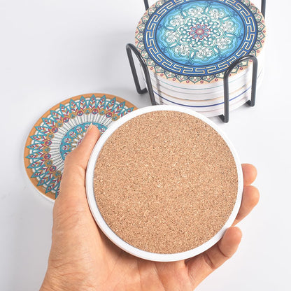 Newk Ceramic Absorbent Coasters - Set of 8 with Metal Holder, Light Colorful Mandala Patterns for Coffee Table, Great Housewarming Gifts