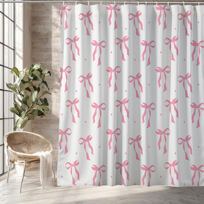Pink Bow Shower Curtain Ribbon Bowknot,Woman Teenage Girl Fabric Shower Curtains for Bathroom Decor 72x74 Inch