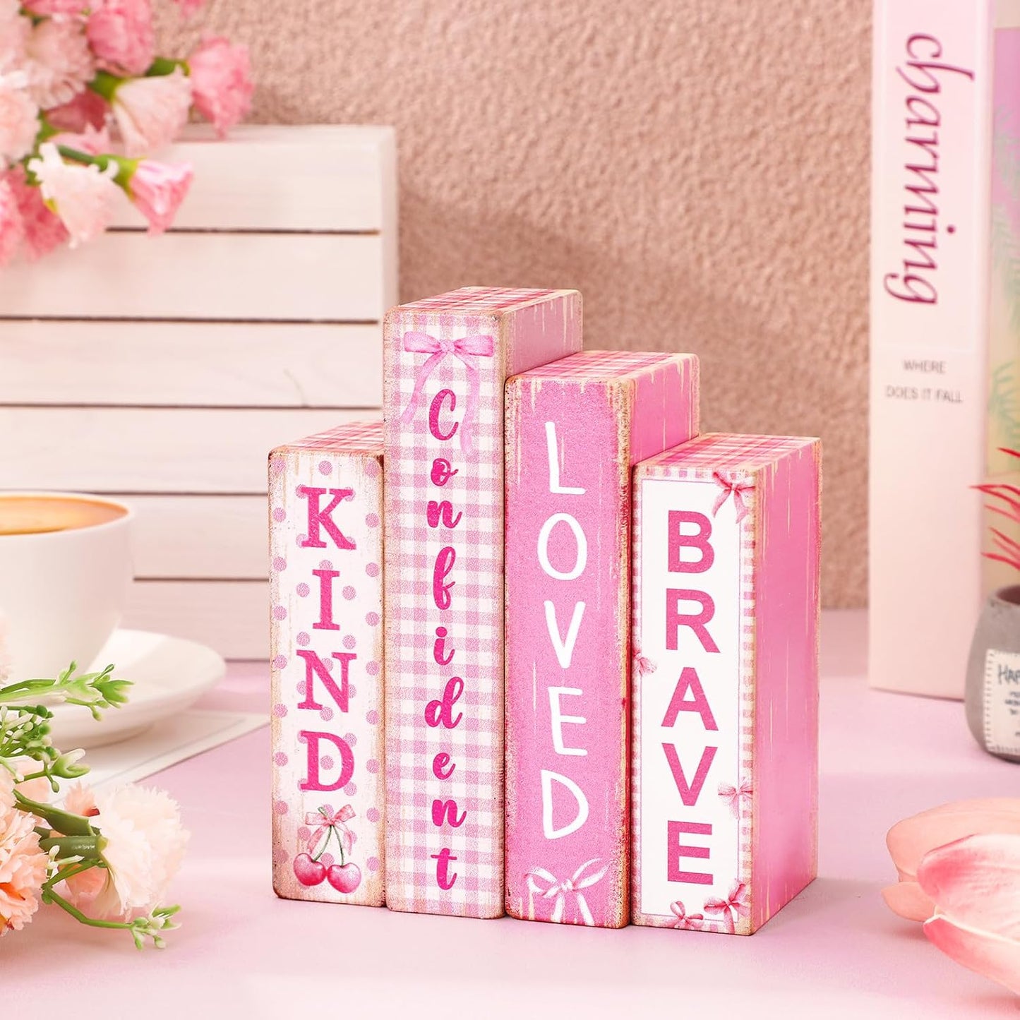 FYSUIMU 4Pcs Pink Bow Table Block Signs Wooden Book Sign Inspirational Table Centerpiece Sign for Farmhouse Home Room Party Shelf Decor
