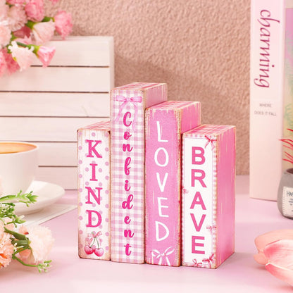FYSUIMU 4Pcs Pink Bow Table Block Signs Wooden Book Sign Inspirational Table Centerpiece Sign for Farmhouse Home Room Party Shelf Decor