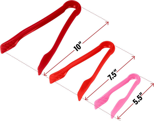 DecorRack 3 Pcs 6” x 8” x 10” Multi Colored Plastic Tong Set, 3 Pack Durable BPA-Free Quality Heavy Duty Perfect for BBQ, Grilling, Salad, Buffets and Kitchen (Pink, Red)