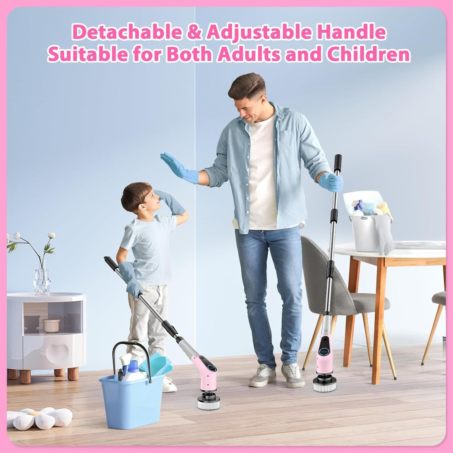 Dovety Electric Spin Scrubber, Cordless Cleaning Brush, Shower Scrubber with 8 Replaceable Brush Head, Power Cleaning Brush with Extension Handle, 2 Adjustable Speed, for Bathtub Tile Floor (Pink)