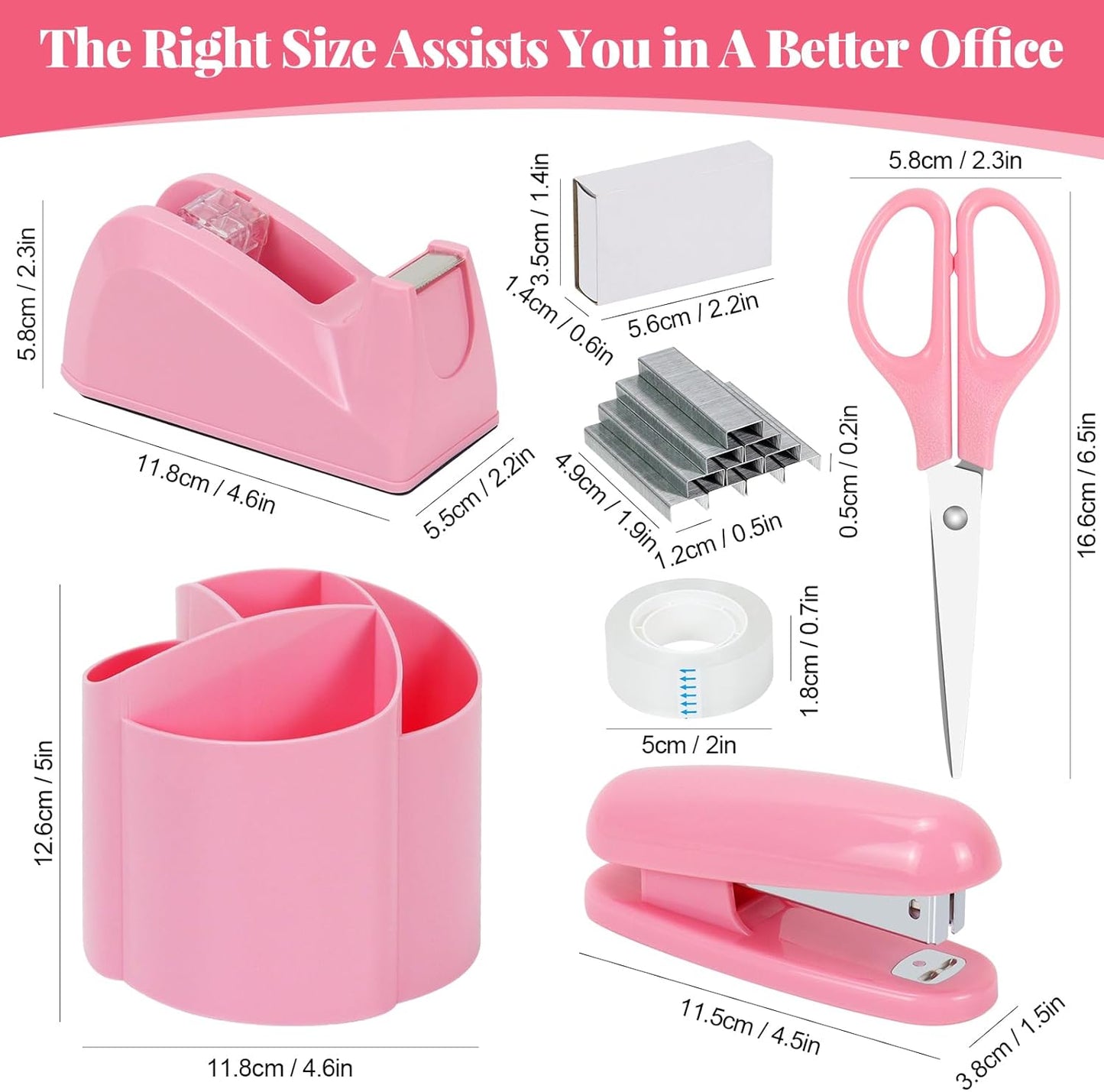 Buqoo Pink Office Supplies Set – 6PCS Desk Organizer Kit with 360° Rotating Pen Holder, Stapler & 1000 Staples, Tape Dispenser, Scissors – Office, Student & Teacher Desk Accessories Gift