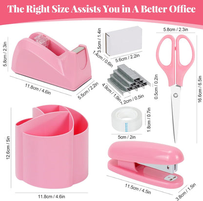 Buqoo Pink Office Supplies Set – 6PCS Desk Organizer Kit with 360° Rotating Pen Holder, Stapler & 1000 Staples, Tape Dispenser, Scissors – Office, Student & Teacher Desk Accessories Gift