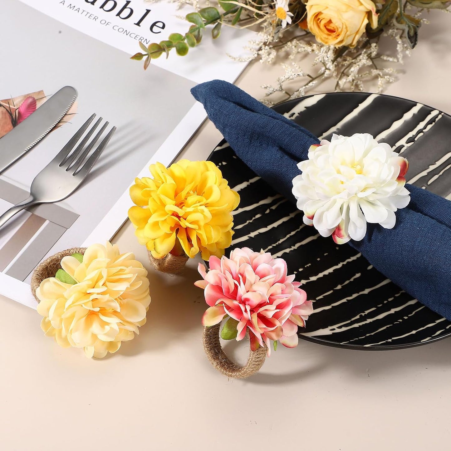 uxcell 4Pcs Flower Napkin Rings, Handmade Chrysanthemum Napkin Ring Holders Buckles Table Decorations for Christmas Thanksgiving Valentine Decor Wedding Parties, Banquet, Home, Pink