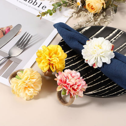 uxcell 4Pcs Flower Napkin Rings, Handmade Chrysanthemum Napkin Ring Holders Buckles Table Decorations for Christmas Thanksgiving Valentine Decor Wedding Parties, Banquet, Home, Pink