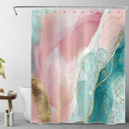 HVEST Pink Marble Shower Curtain for Bathroom,Turquoise Marble Luxury Shower Curtain with Hooks,Modern White and Gold Abstract Bathroom Shower Curtain Set Bathroom Decor,72L X 60W inches