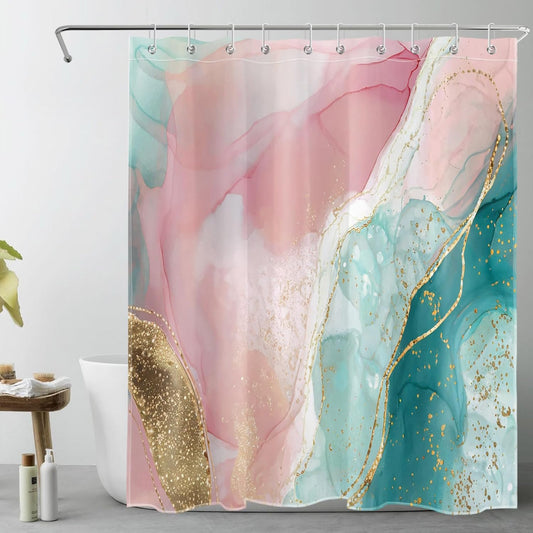 HVEST Pink Marble Shower Curtain for Bathroom,Turquoise Marble Luxury Shower Curtain with Hooks,Modern White and Gold Abstract Bathroom Shower Curtain Set Bathroom Decor,72L X 60W inches