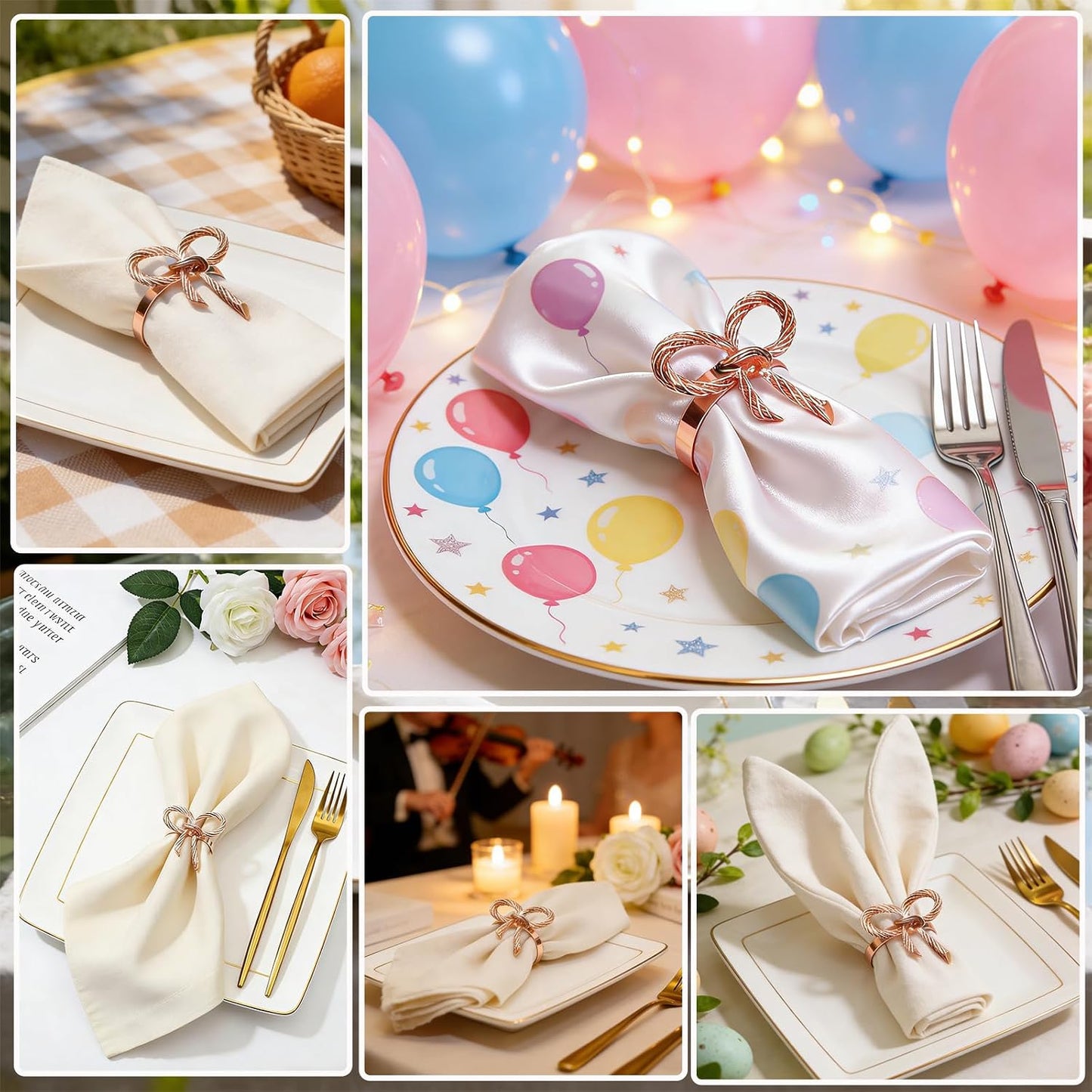 Rose Gold Bow Napkin Rings Set of 12 for Wedding Party Birthday Holiday Family Dinner Daily Table Decor,Elegant Metal Bow Tie Napkin Ring Holders for Valentine's Day Banquet Decoration