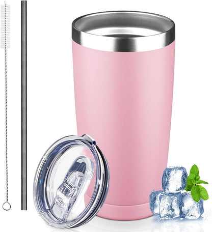20 oz Tumbler with Lids and Straws, Stainless Steel Insulated Coffee Tumbler, Double Wall Vacuum Insulated Travel Mug Cup, Leakproof Thermal Coffee Cup for Hot and Cold Drinks (light pink)
