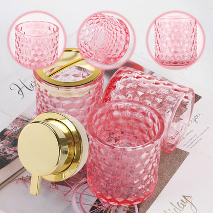 Bathroom Accessories Set, 3pcs Pink Glass Bathroom Accessory Set,Toothbrush Holder, Foaming Soap Dispenser and Tumbler, Gold Bathroom Decor Sets for Organizer, Home Apartment Gift