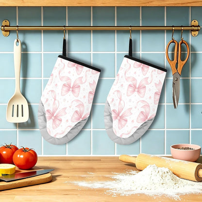 Bows Watercolor Pink Non-Slip Oven Mitts Set Heat Resistant Kitchen Gloves with Quilted Liner Cotton Machine Washable with Hanging Loop for Baking Grilling BBQ
