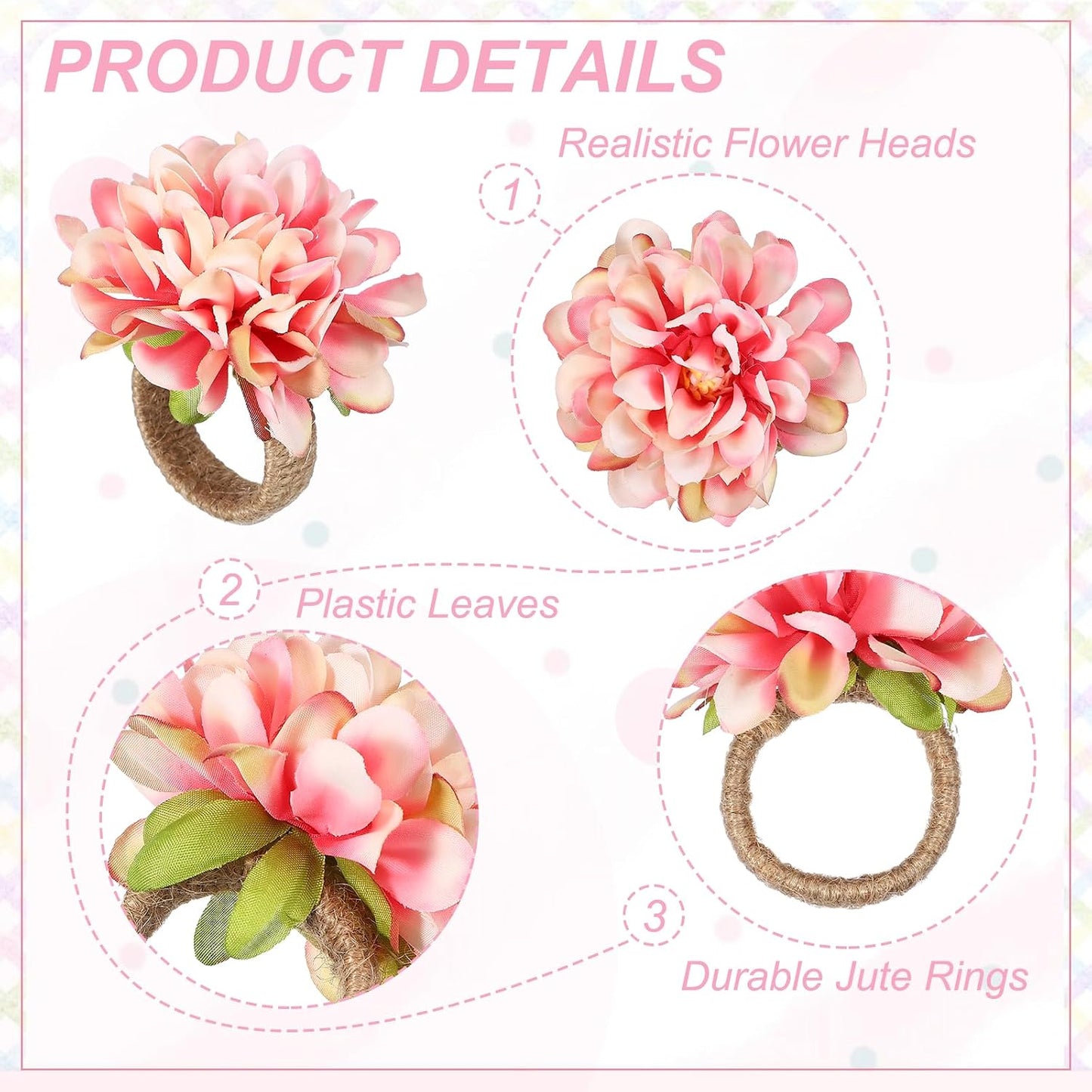uxcell 4Pcs Flower Napkin Rings, Handmade Chrysanthemum Napkin Ring Holders Buckles Table Decorations for Christmas Thanksgiving Valentine Decor Wedding Parties, Banquet, Home, Pink