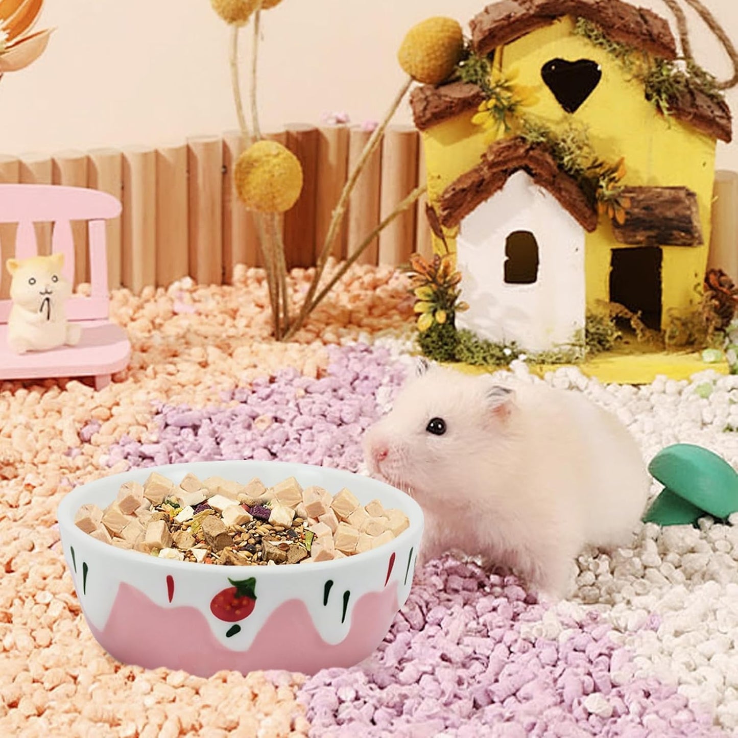 3.4oz Small Animal Food Bowl, Heavy Anti-Tipping Ceramic Pet Bowls with Strawberry Pattern, Hamster Water Bowl for Gerbils/Guinea Pigs/Reptile/Bird, Easy to Clean Hamster Food Bowl (Pink, A)