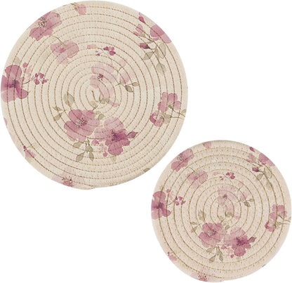 Light Pink Flower Pattern Kitchen Trivets Pot Holders Set of 2 for Pots Dishes Woven, Trivet Coaster Pad Mat for Counter