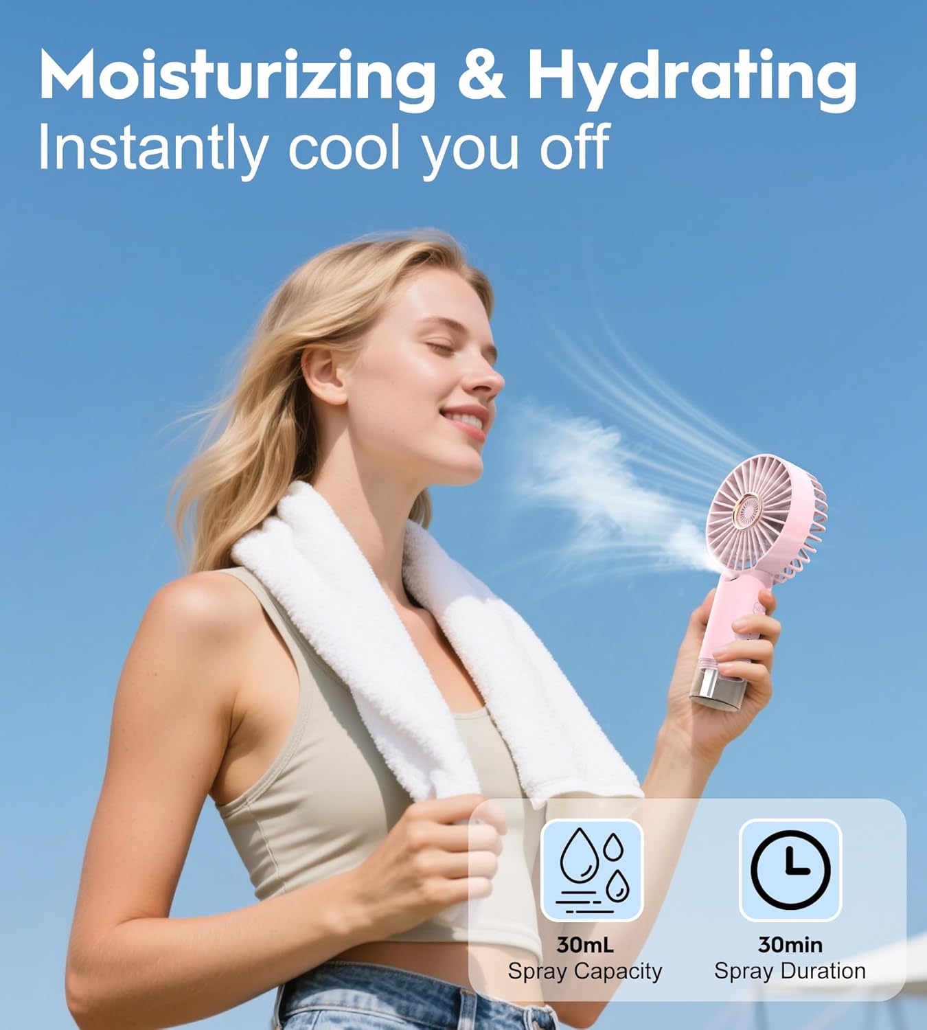 Portable Personal Misting Fan, Handheld Rechargeable Cooling Fan, 3-Speed, Suitable for Travel, Beach and Office Use Pink