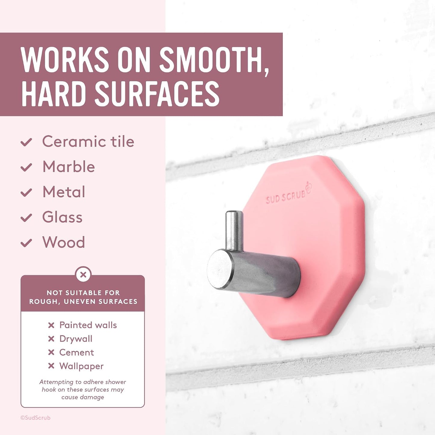 Sud Scrub® Antimicrobial Shower Hook, Self Adhesive Hooks for Shower Wall, Heavy Duty Removable Wall Hooks, Stick On Hooks for Hanging, Bathroom Towel Hook (Pink)