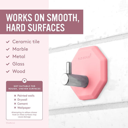 Sud Scrub® Antimicrobial Shower Hook, Self Adhesive Hooks for Shower Wall, Heavy Duty Removable Wall Hooks, Stick On Hooks for Hanging, Bathroom Towel Hook (Pink)