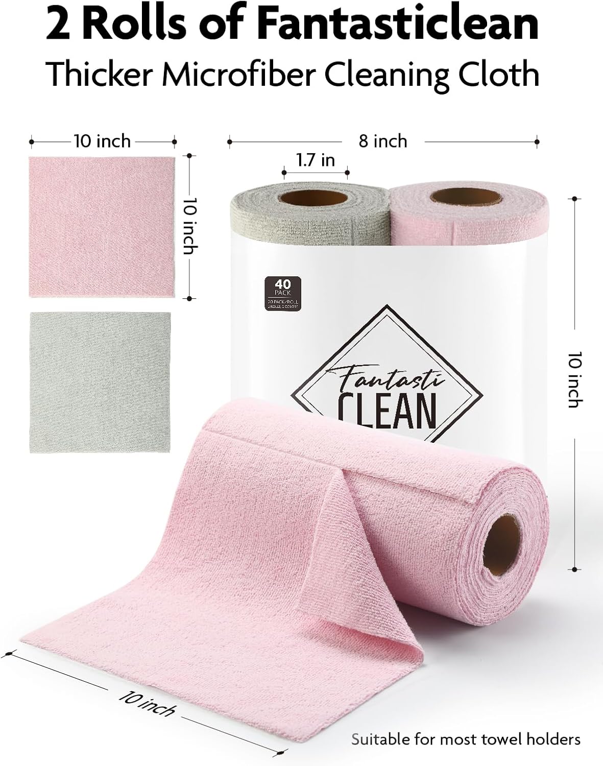 Fantasticlean Kitchen Towels - 40 Sheets - Reusable Washable Dishcloth Rolls, Super Absorbent, Premium Microfiber Cleaning Cloths, 10'' by 10'' (Pink,Grayish)