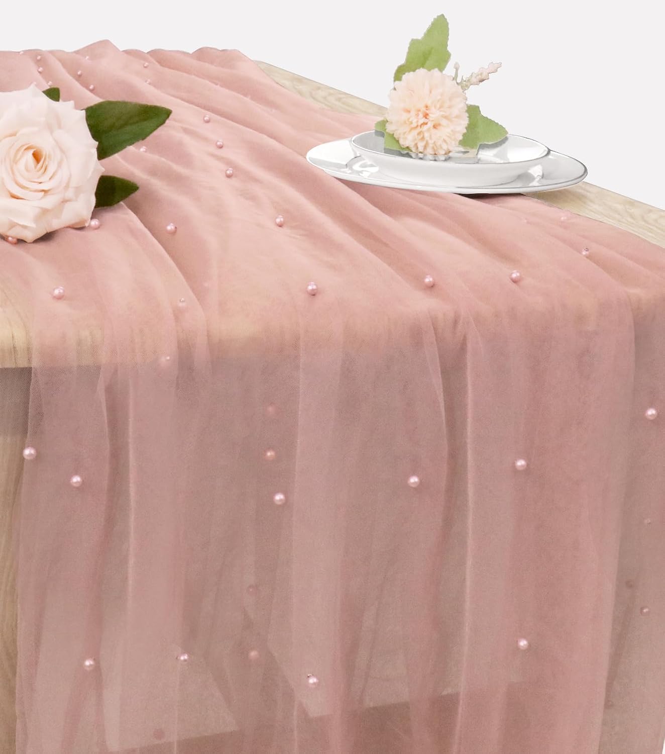 Pearl Table Runner 29 x 120 Inch Tulle Fabric Lace Table Runners for Bridal Shower Birthday Party Wedding Arch Dessert Table Decor(1 Pack, Dusty Pink)