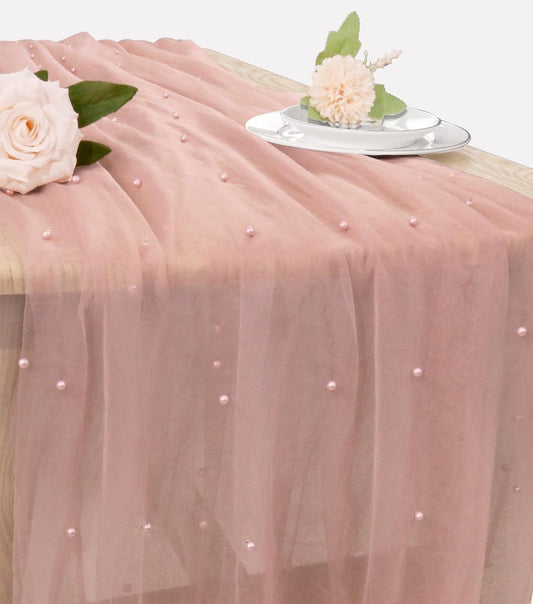 Set of 6 Pearl Valentine's Day Table Runner 29 x 120 Inch Dusty Pink Boho Rustic Tulle Fabric Lace Table Runners for Bridal Shower Birthday Party Wedding Arch Dessert Table Decor(Dusty Pink)