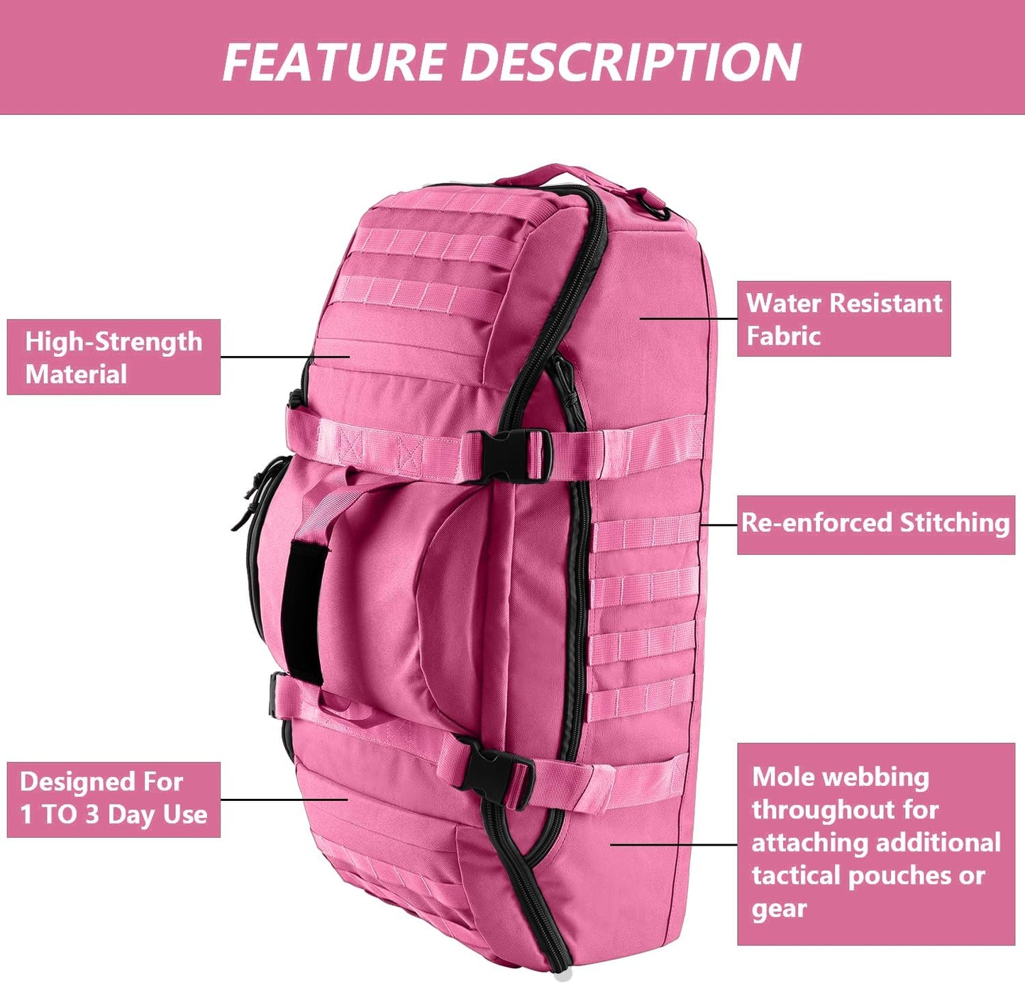 Hannibal Tactical 65L Large Duffle Bag, 3-in-1 Tactical Backpack MOLLE Pack for Sports, Gym, Outdoor, Pink