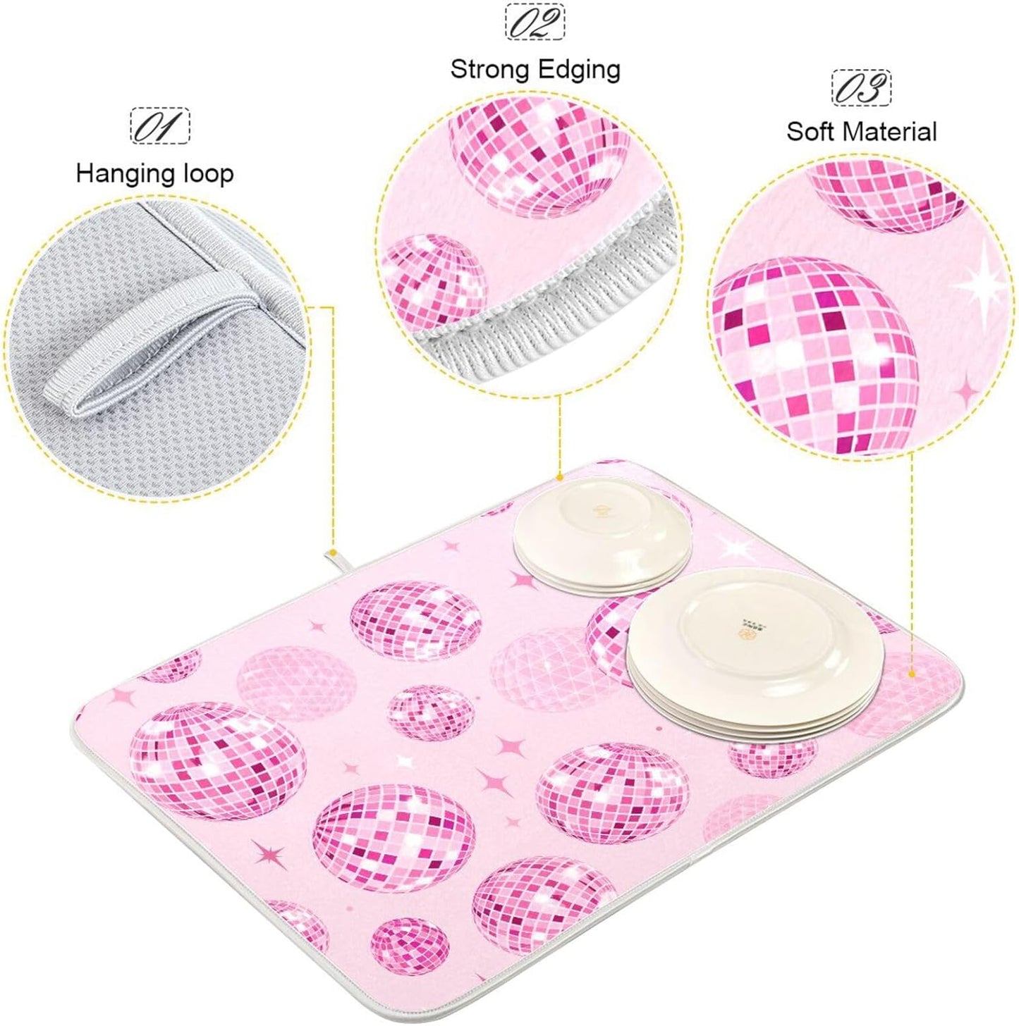 Disco Balls Pink Dish Drying Mat for Kitchen Counter Absorbent Microfiber Drying Pad, Medium 16x18 in, Reversible Drainer Mats